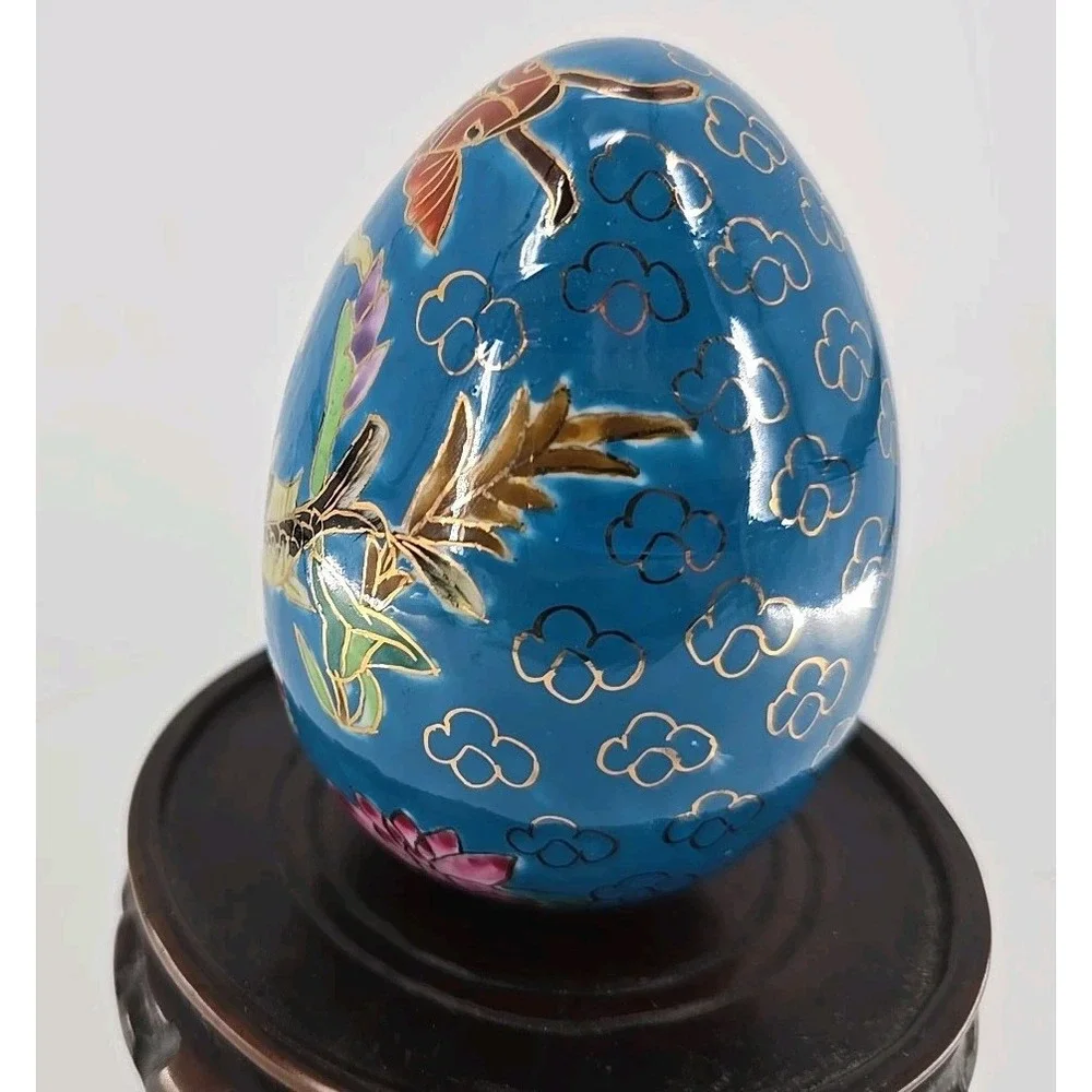 Ceramic Emu Egg- Koi Fish in Pond Graphic- Unique - 7 Oz‎ Enamel Ceramic Egg
